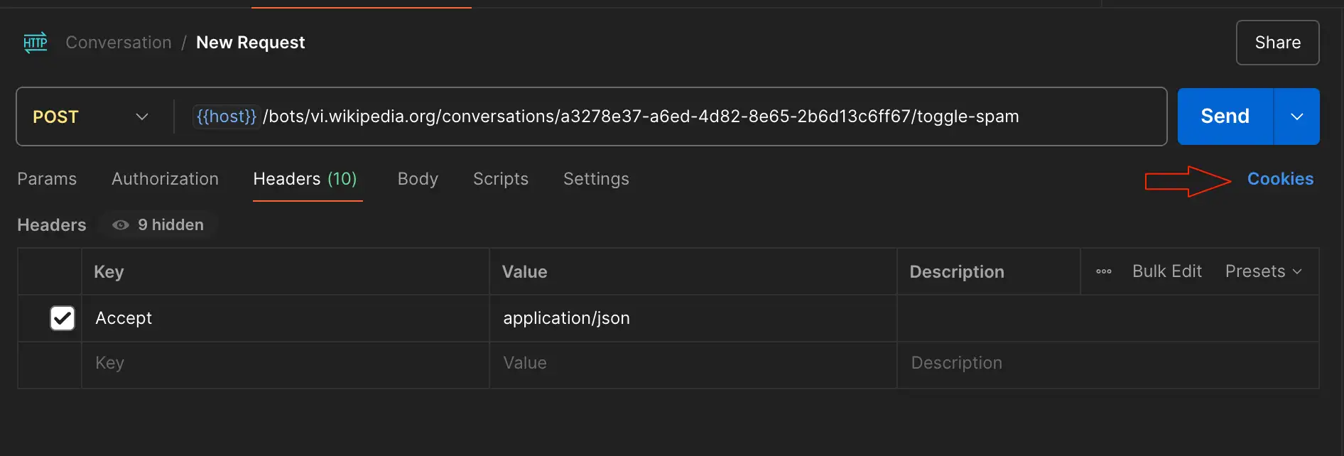 Access the window to set the cookies in Postman